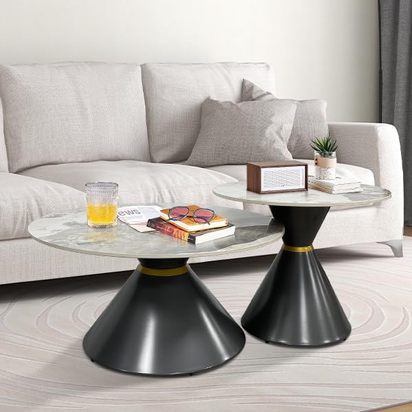 Coffee Table Set of 2, 31.3" Round Marble Pattern Living Room Table with Metal Base