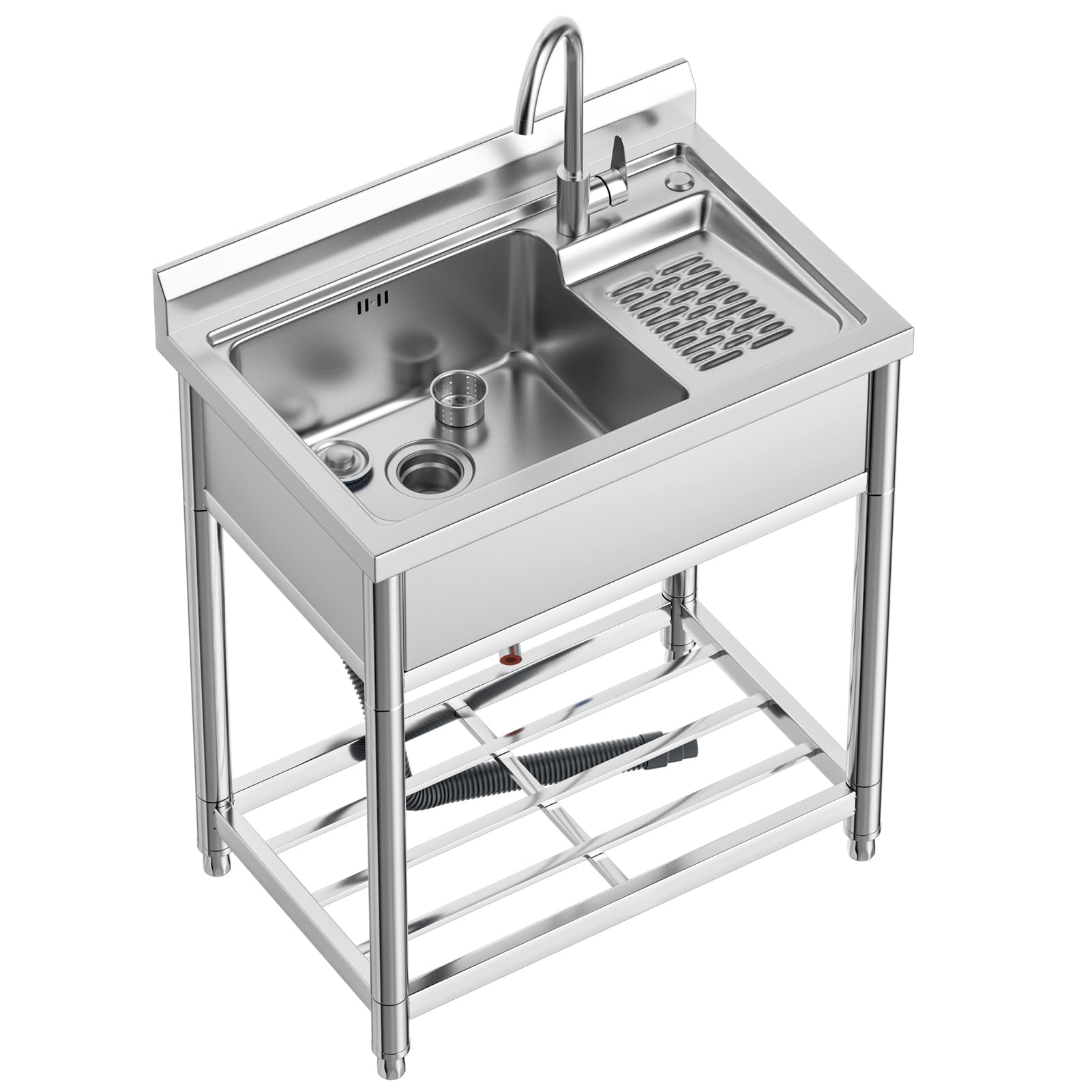 Stainless Steel Utility Sink, Free Standing Laundry Sink with Washboard, Laundry Tub Sink with Cold and Hot Water Faucet for Laundry Room Garage Indoor Sink, Black Frame, 20.8"D x 28.3"W x 36"H