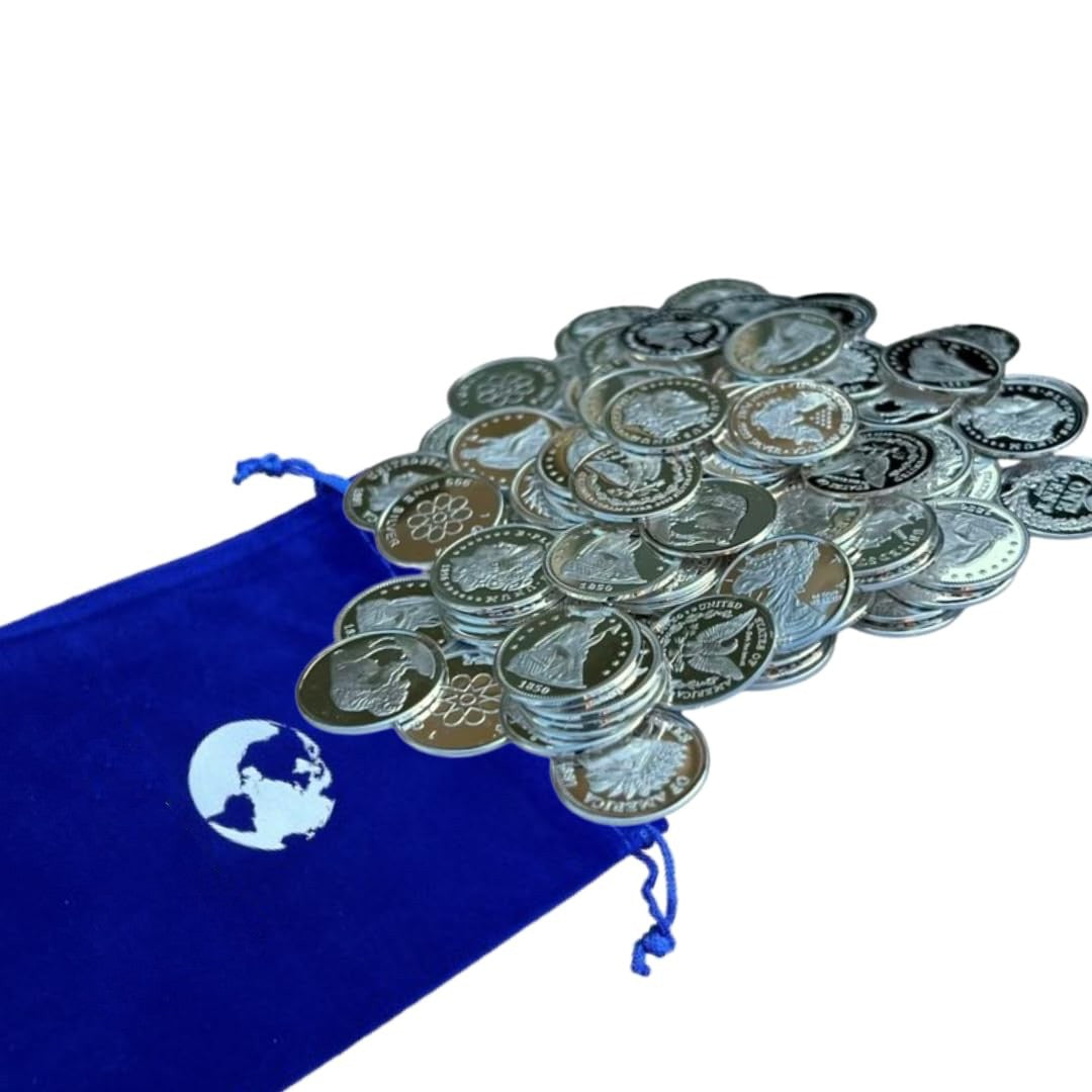 Pack of Hundred (100) One Gram .999 Pure Silver Coins with Random Designs in a Jewelry Pouch | Made in USA