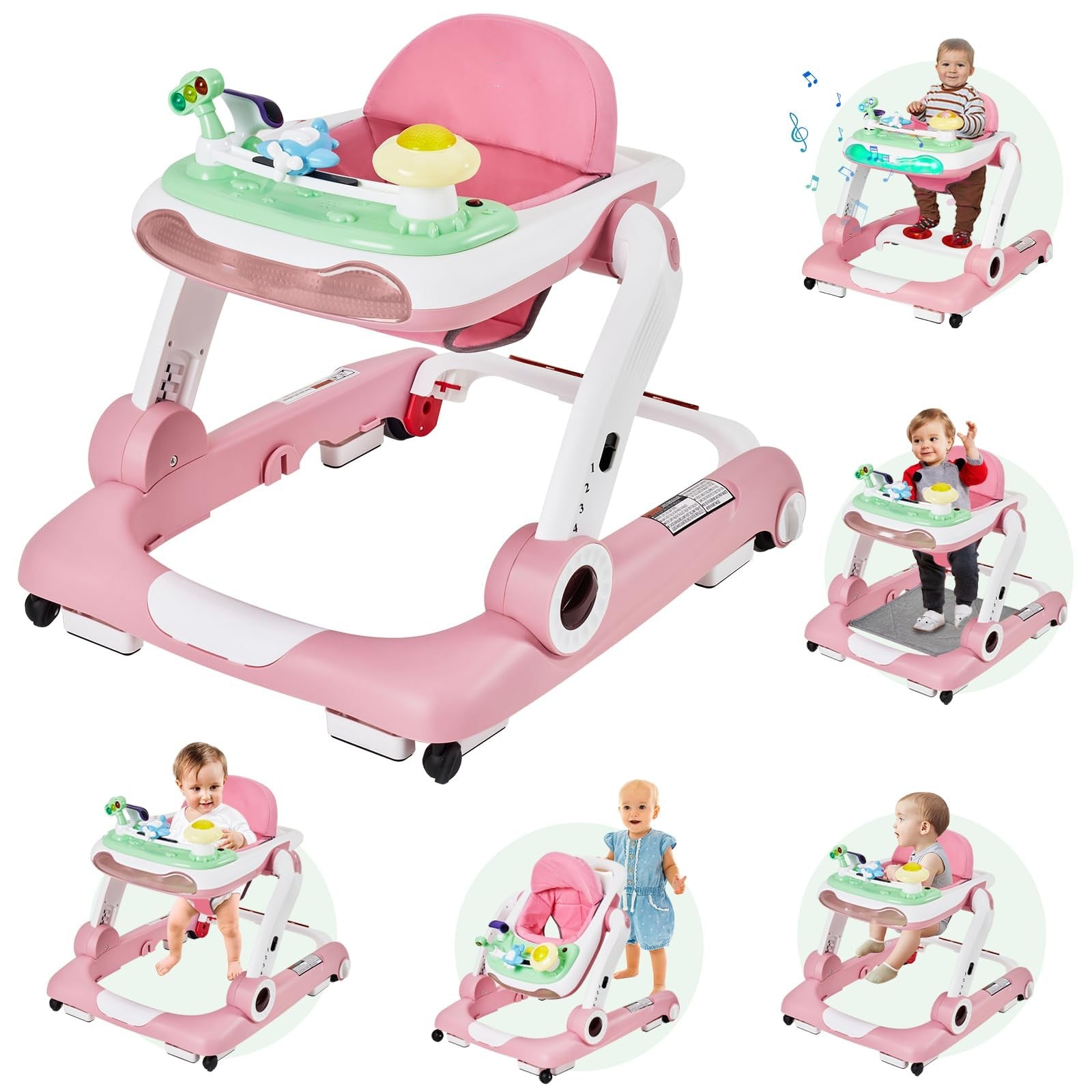5 in 1 Baby Walker, Activity Baby Walker-Baby Bouncer, Rocker, Activity Center,Seat and Push Walker,Detachable Trampoline Mat, Adjustable Speed Rear Wheels and Height,Ages 6-18 Months