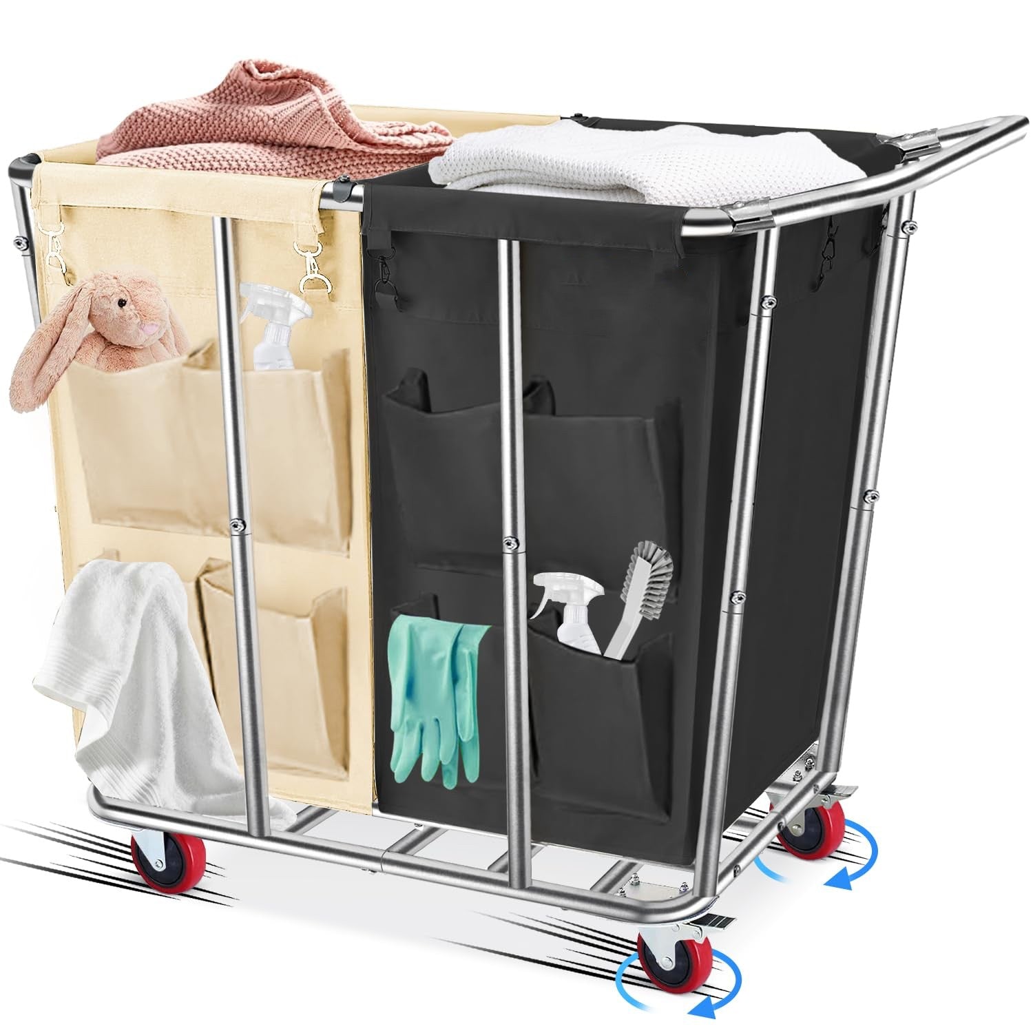 Commercial Laundry Cart with Wheels Heavy Duty Rolling Laundry Cart Large Laundry Baskets on Wheels with Stainless Steel Frame, 11.35 Bushel, 330LBS Load, 10 Tubes
