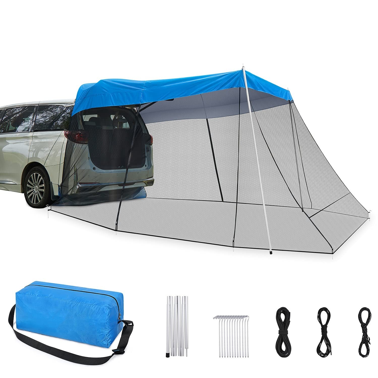 Car Awning Sun Shelter with Mosquito Net, Portable SUV Tent Tailgate Shade Car Canopy for Outdoor Camping Car Travel (Blue)