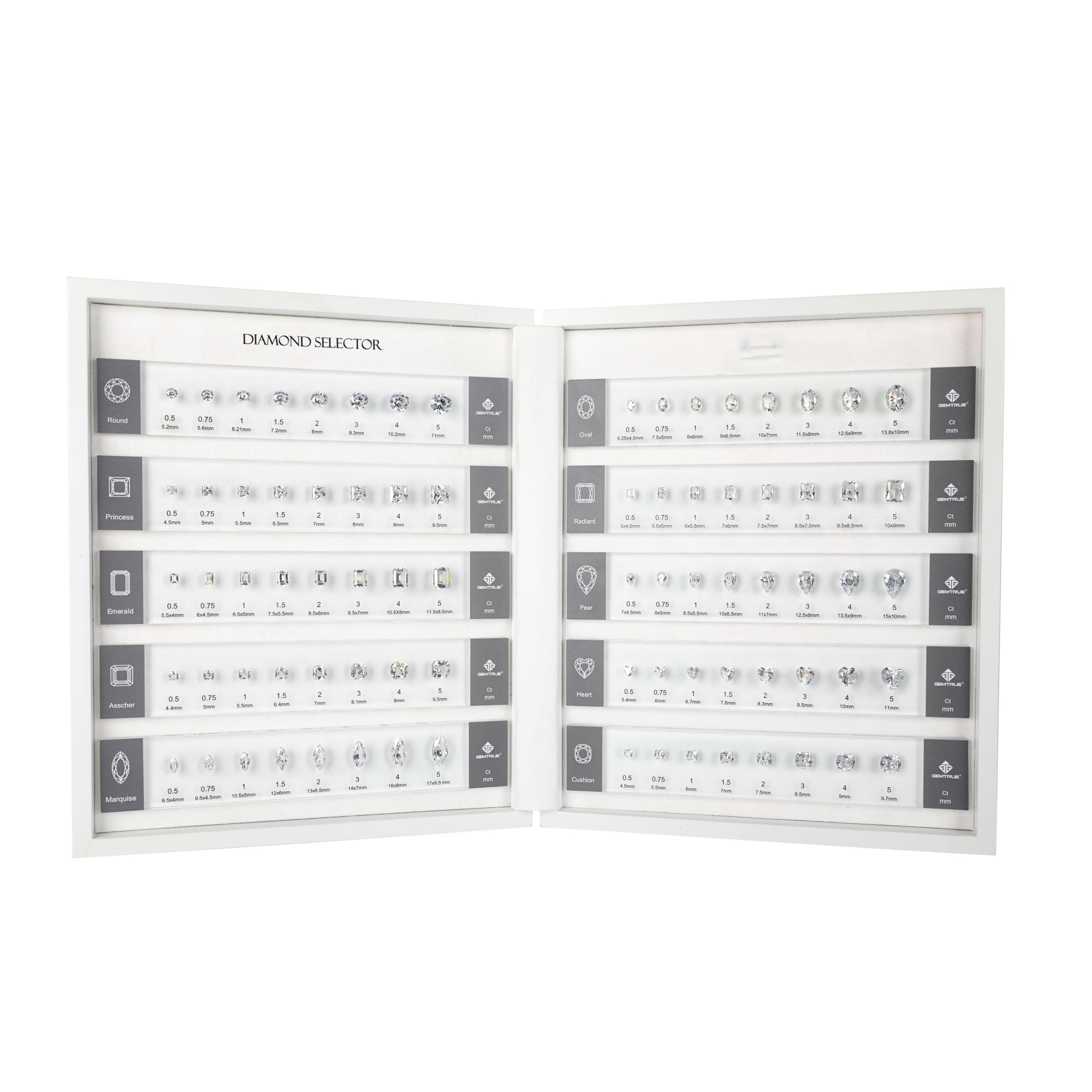 Diamond Selector Kit - Visual Diamond Size and Shape Kit 9A Standard Cubic Zirconia