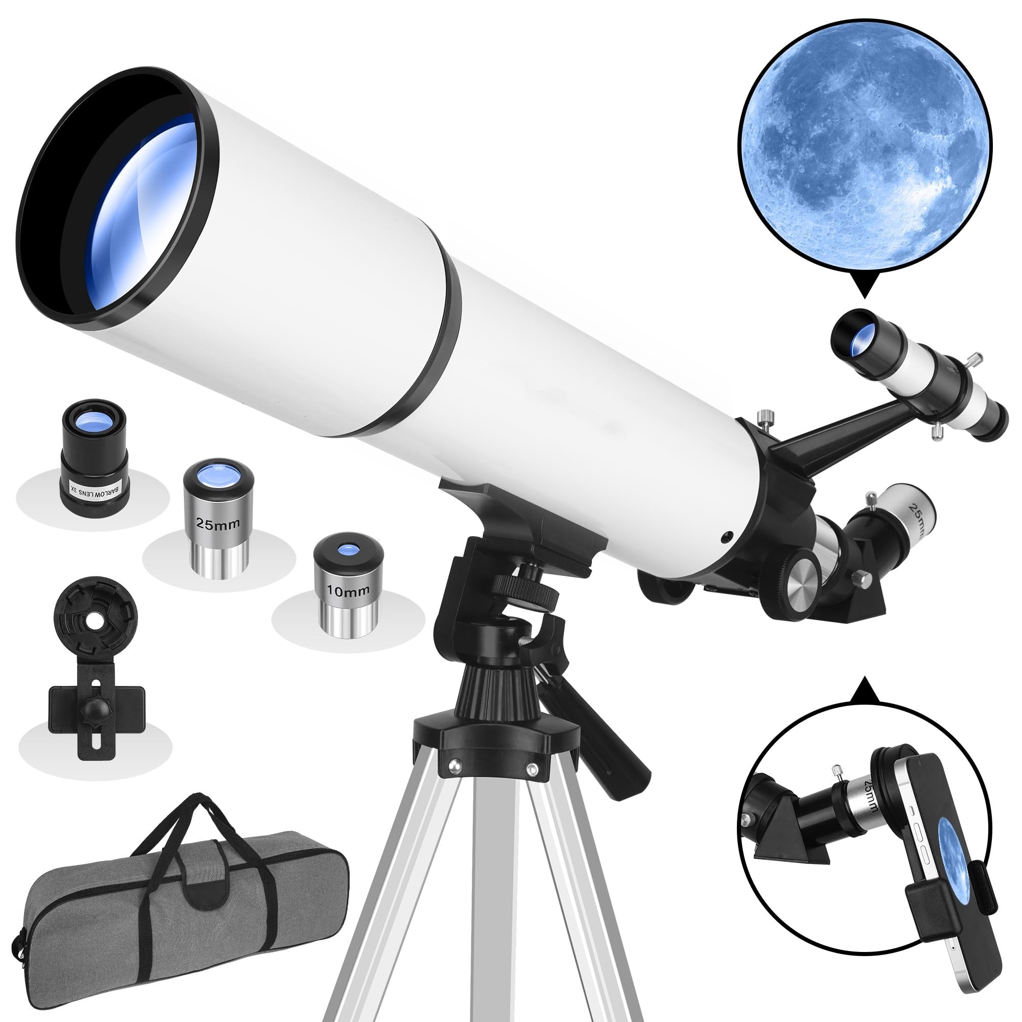 Telescope for Adults Astronomy, 80mm Aperture 600mm Refractor Telescope for Kids & Beginners, Fully Multi-Coated Optics High Transmission Telescopes with Tripod & Phone Adapter & Carrying Bag