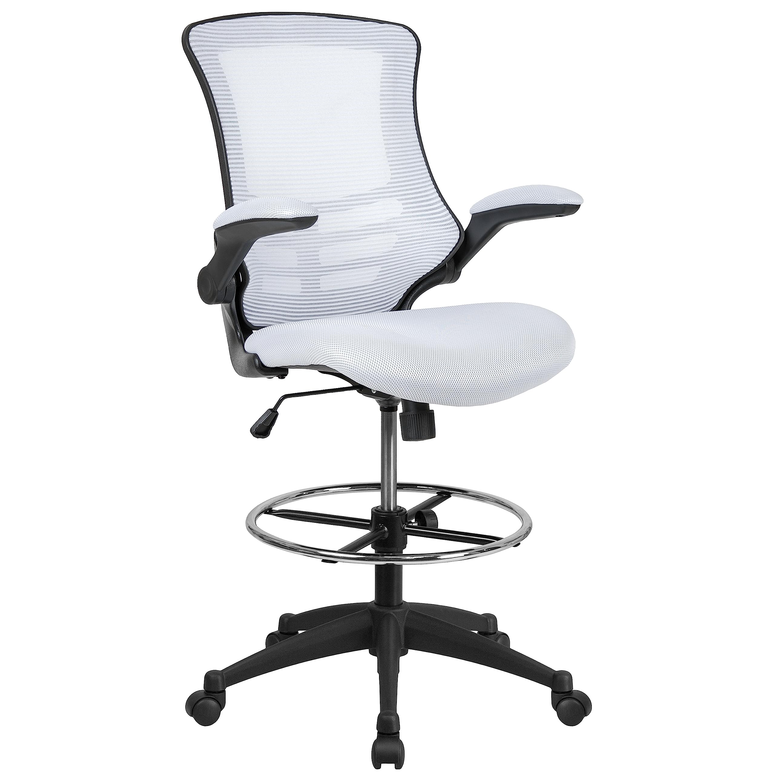 Kelista Mid-Back Black Mesh Ergonomic Drafting Chair | Adjustable Foot Ring, Flip-Up Arms | Comfort and Productivity