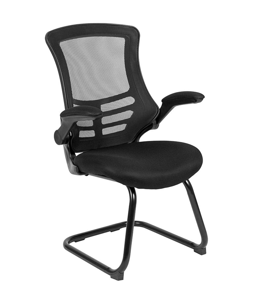 Kelista Black Mesh Sled Base Side Reception Chair with Flip-Up Arms