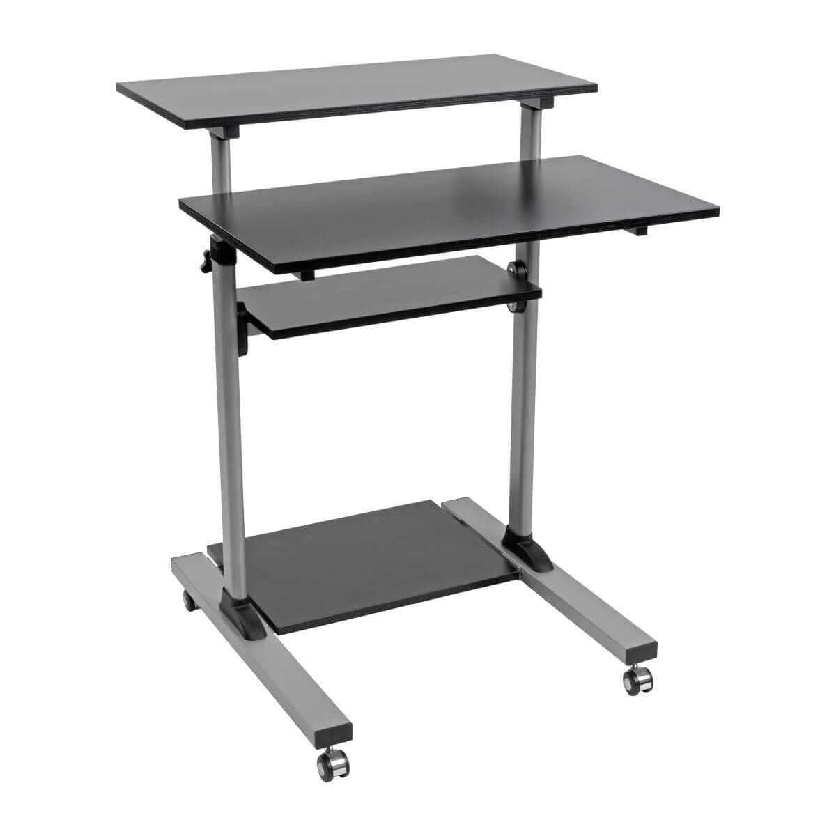 Mobile Sit Stand Desk, Height Adjustable Small Rolling Laptop Cart Workstation Workspace, 4 Shelf Storage