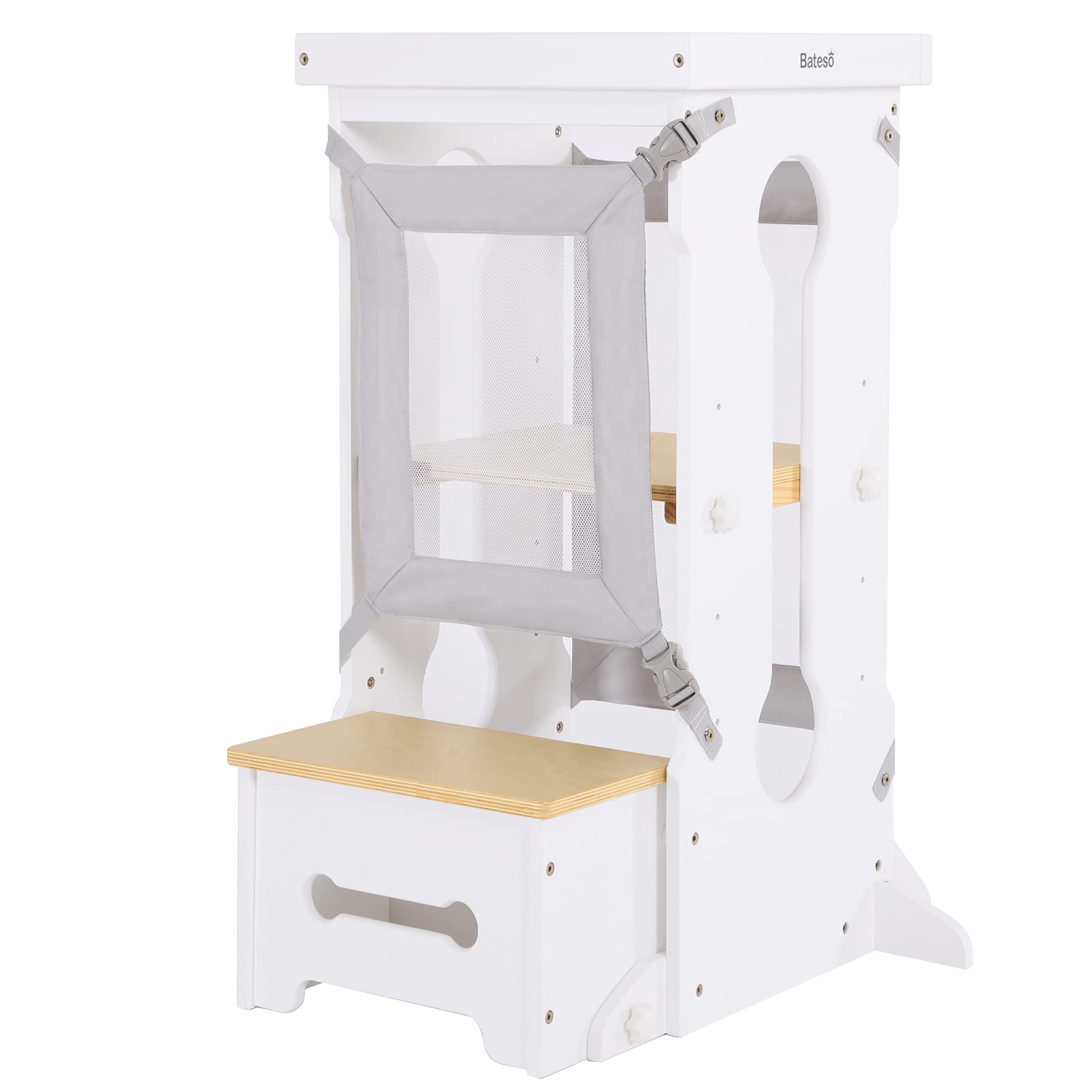 Wooden Toddler Tower with 2 Detachable Nets, Adjustable Height Kids Kitchen Step Stool