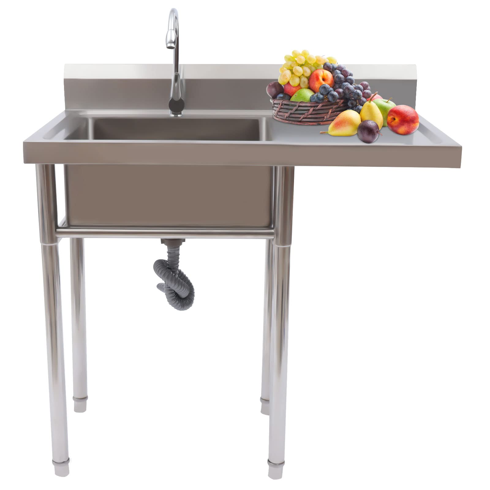 2 Compartment Commercial Sink, 304 stainless Steel Sink With Faucet, Indoor Free Standing Sink for Kitchen, Garage, and Restaurant, Washing Hand Basins & Storage Shelves & Drainboard