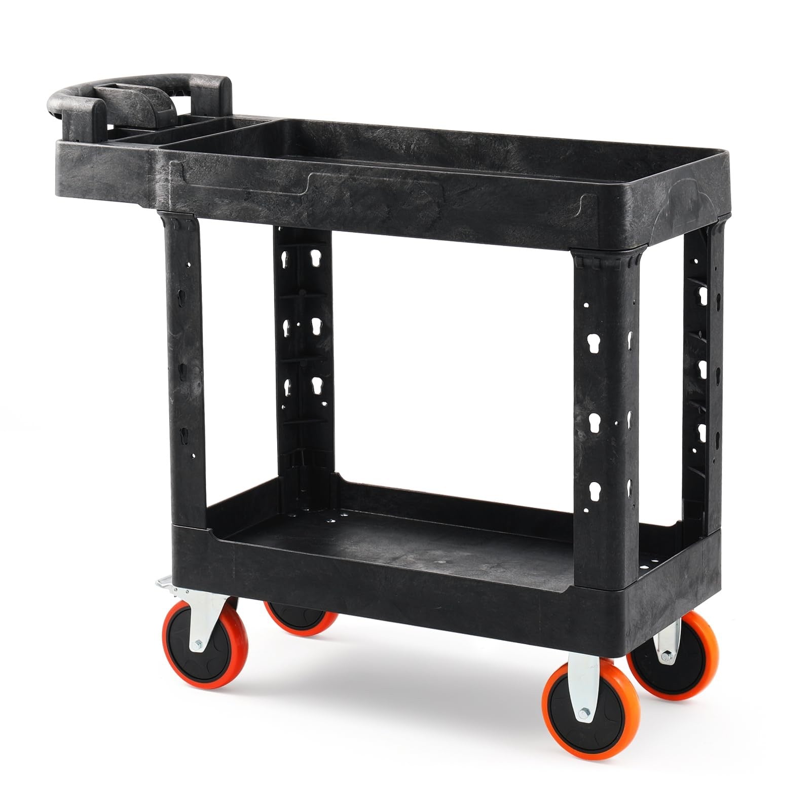 Heavy Duty Plastic Utility Cart 41.3 x 17 Inch - Ergonomic Handle Work Cart Storage W/Deep Shelves and 2 Fixed 2 Swivel Wheels Safely Holds up to 550 lbs - 2 Tier Service Cart with 6" Wheels