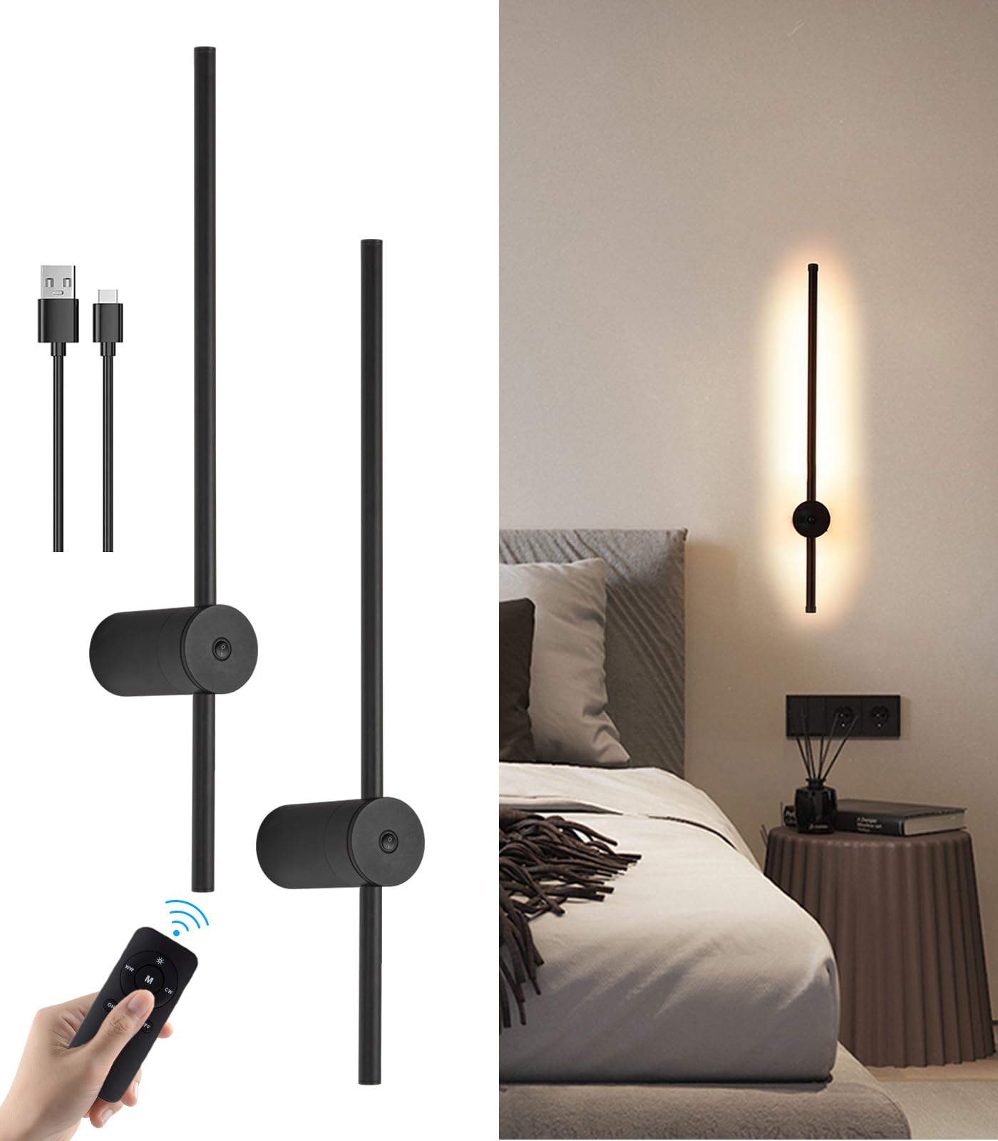 LED Wall Sconces Set of Two, Battery Operated Wall Lights Indoor, USB Rechargeable LED Wall Light Matte Black, 39'' Warm Light 3000K, 360° Rotation Wireless Wall Lamp for Living Room Bedroom Hallway