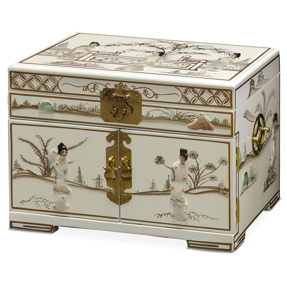 White Lacquer Mother of Pearl chinese Jewelry Box