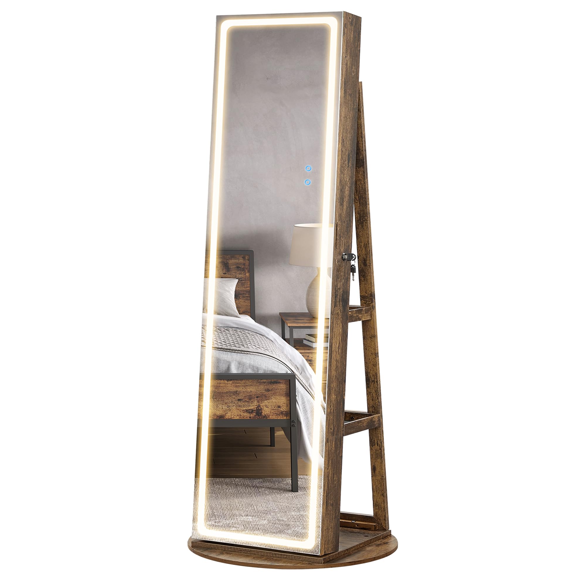 Mirror Jewelry Cabinet Standing, Lockable Jewelry Armoire with Full-Length Mirror and Adjustable LED Lights