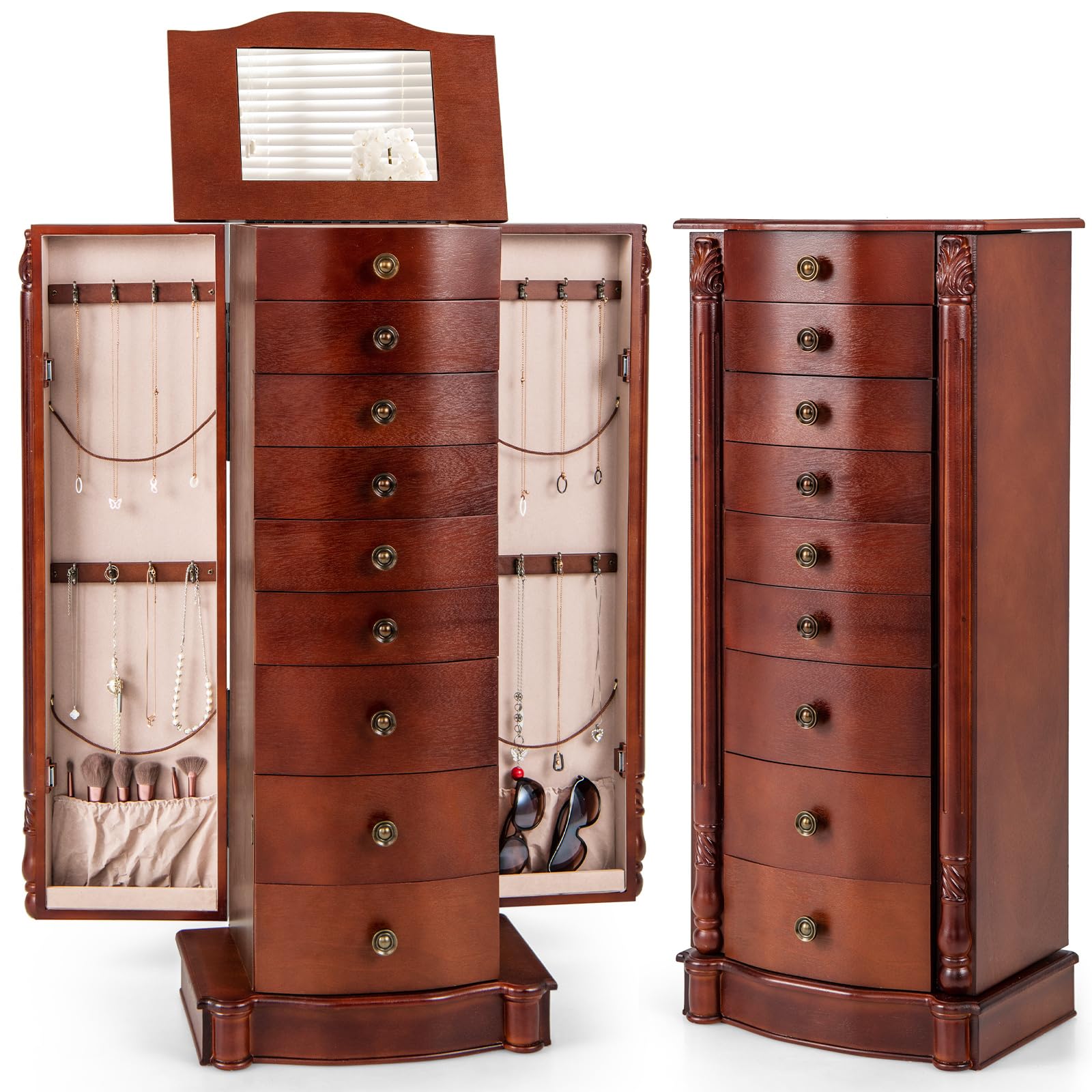 Large Jewelry Armoire Cabinet, Standing Cambered Front Storage Chest Standing Jewelry Armoire, Dark Walnut