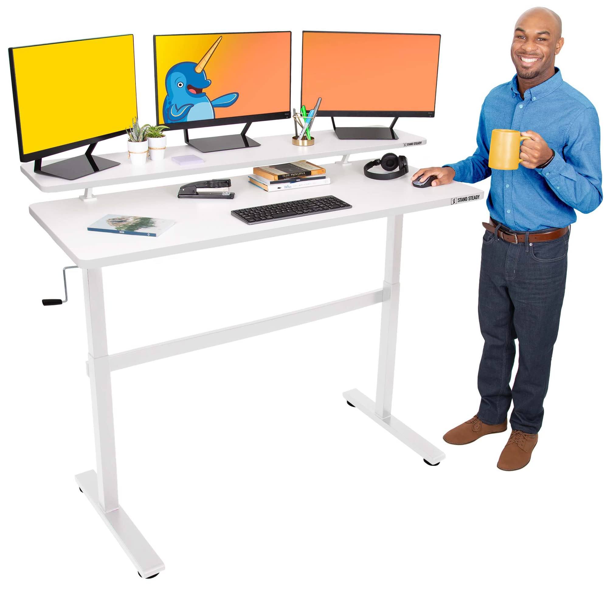 Standing Desk with Clamp-On Shelf | Crank Height Adjustable Stand Up Workstation with Attachable Monitor Riser