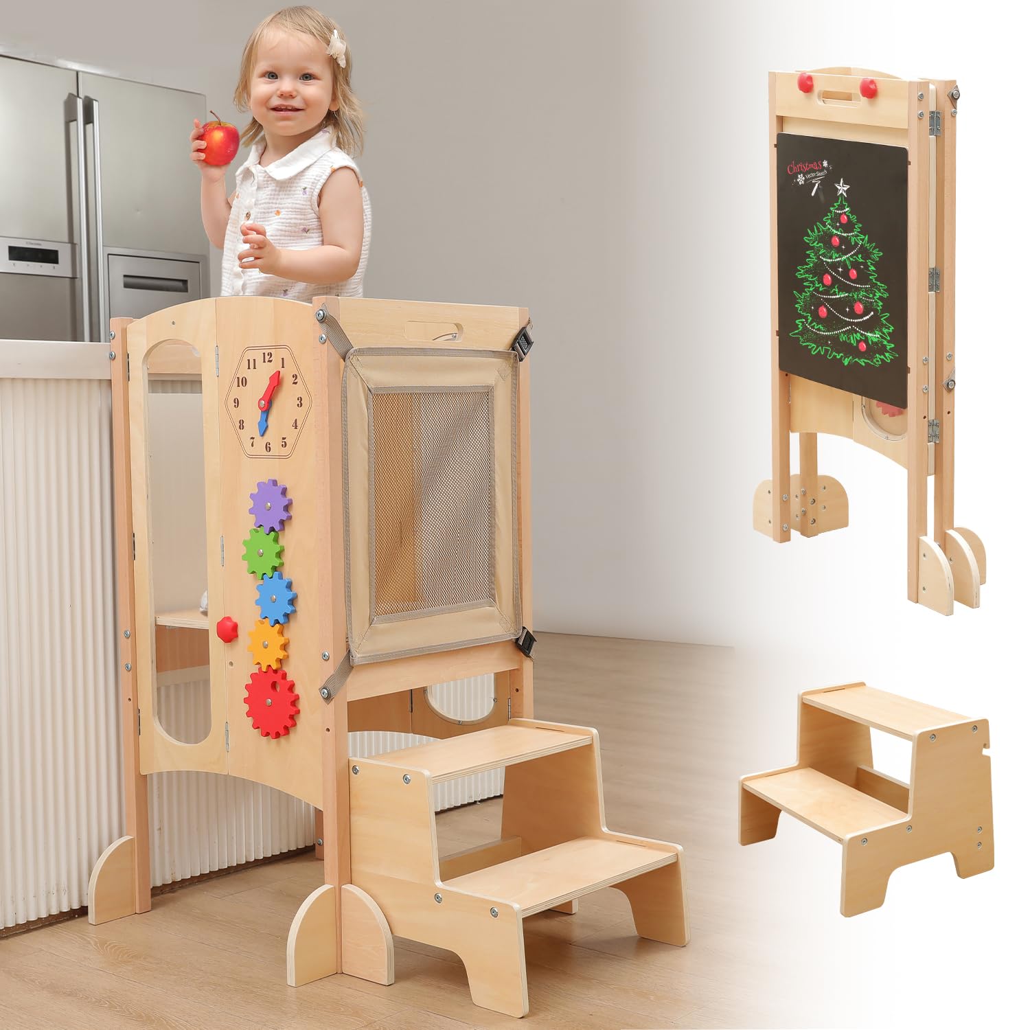 Foldable Toddler Kitchen Stool Helper with 2 Step Stool