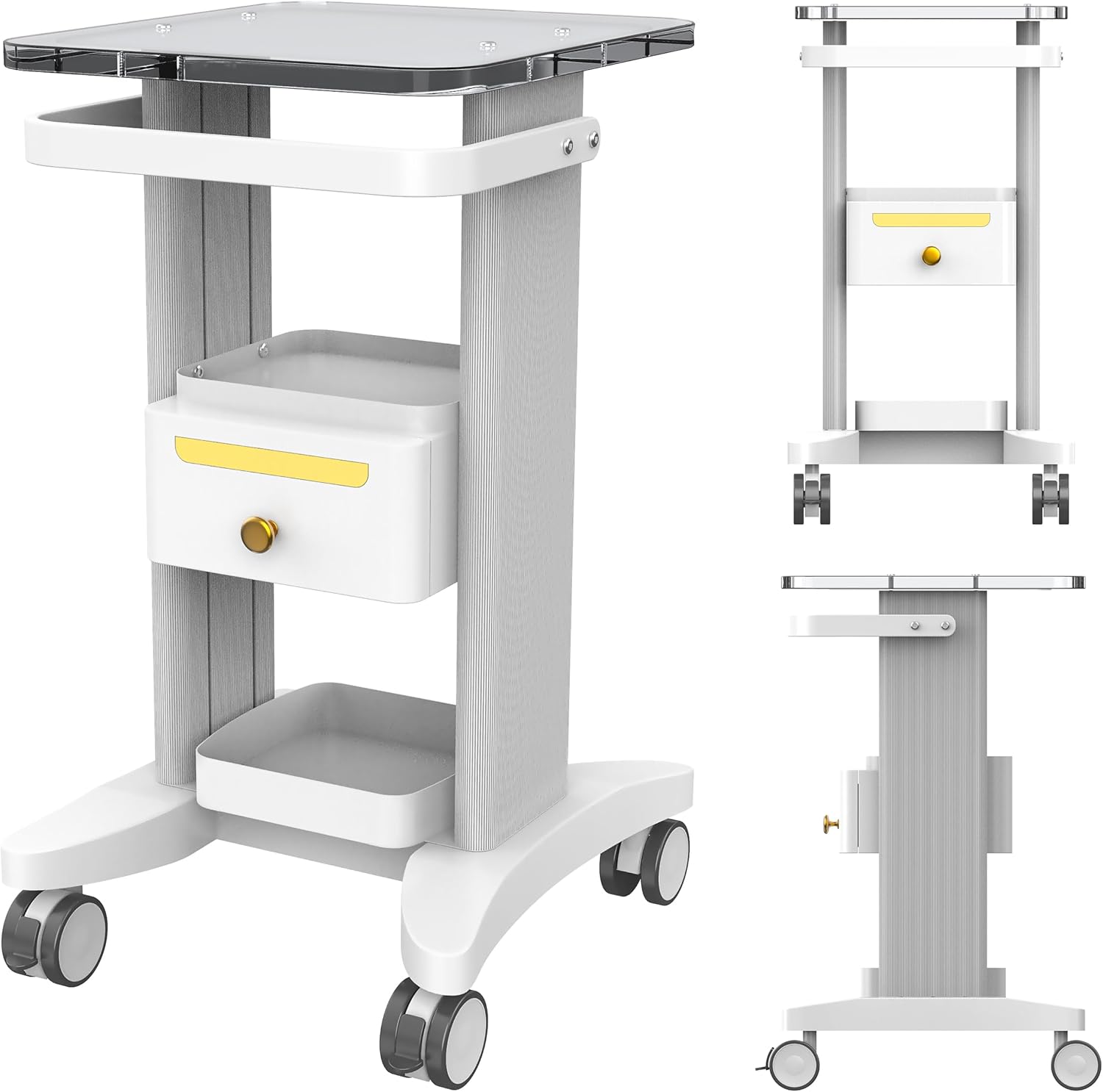 Professional Mobile Medical Cart with Wheels and Drawers, Rolling Medical Trolley Cart for Portable Ultrasound, Imaging Scanner, 130 Lbs Capacity for Home, Hospital, Office, Clinic Use (White)