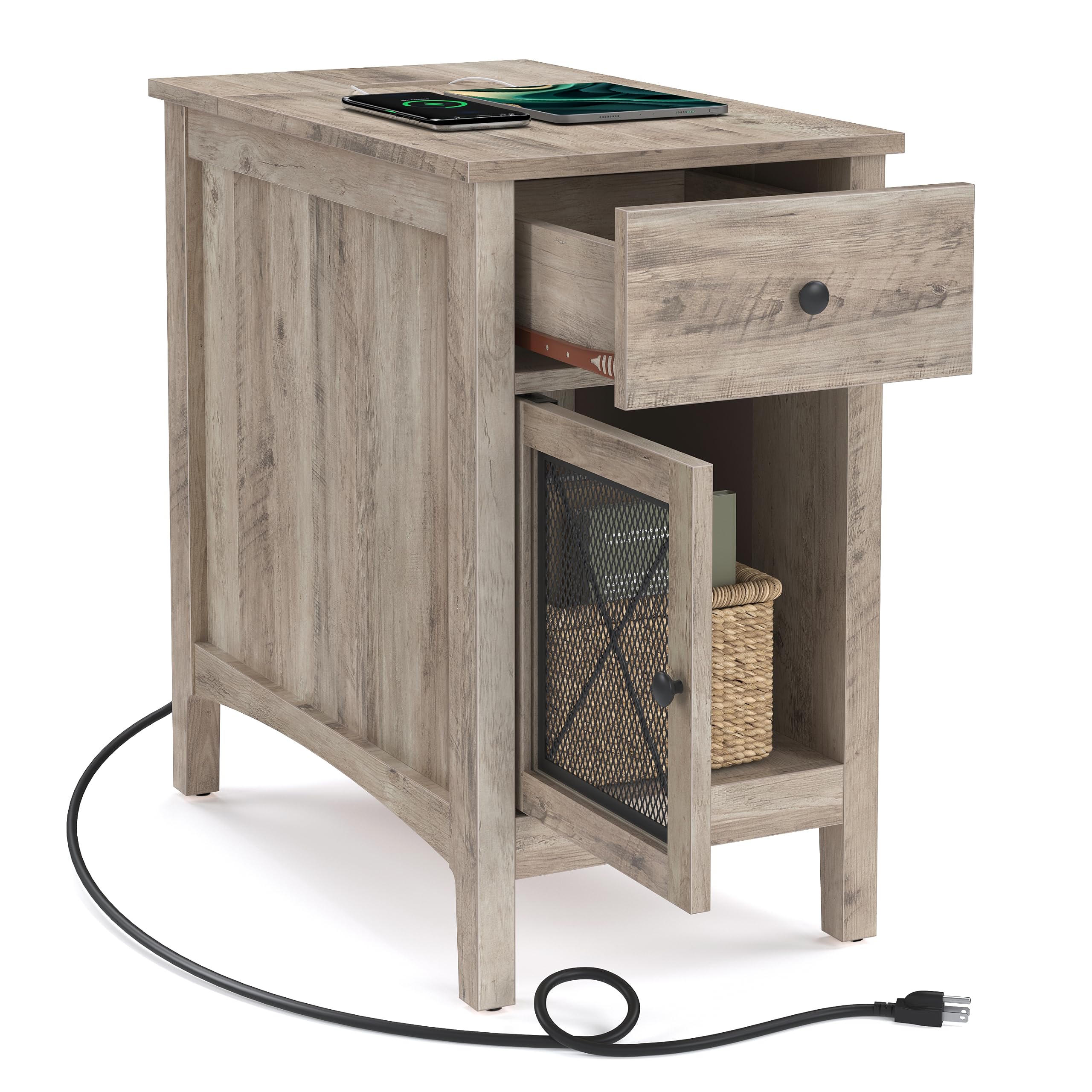 Side Table with Storage, End Table with USB Ports and Outlets, Nightstand with Charging Station, Drawer, Storage Cabinet, Magazine Rack, for Living Room, Bedroom, Greige