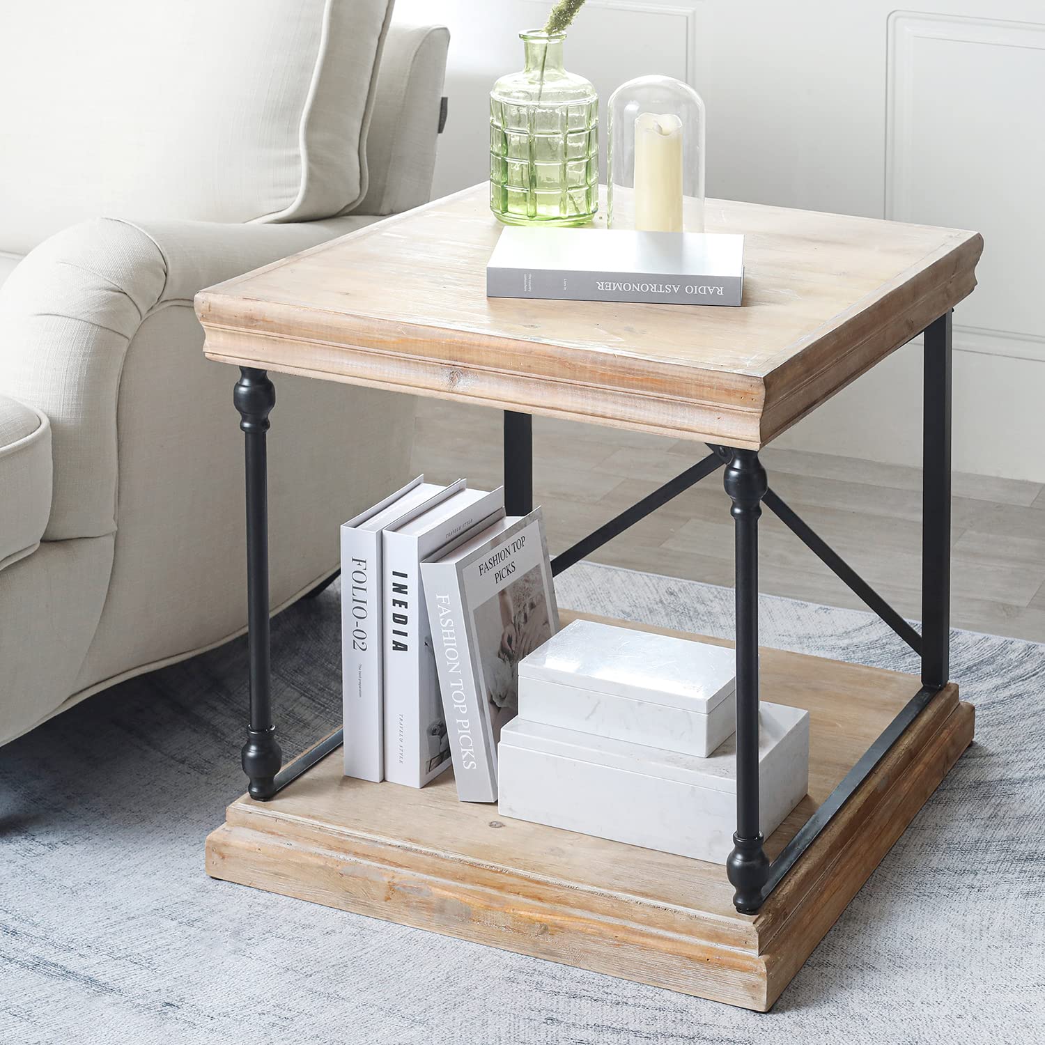 Rustic Wood Square Storage Side End Table