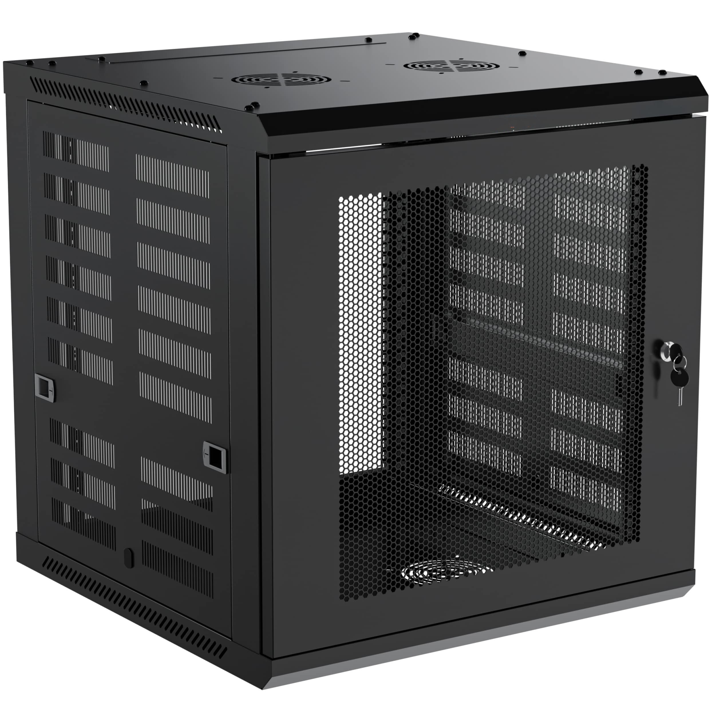 12U Network Rack - Enclosed Wall Mount Rack Kit Includes 2X 1U Shelves, Pre-Mounted Fan, Lockable Door & Hardware - 600mm Depth Fits All Your AV Gear