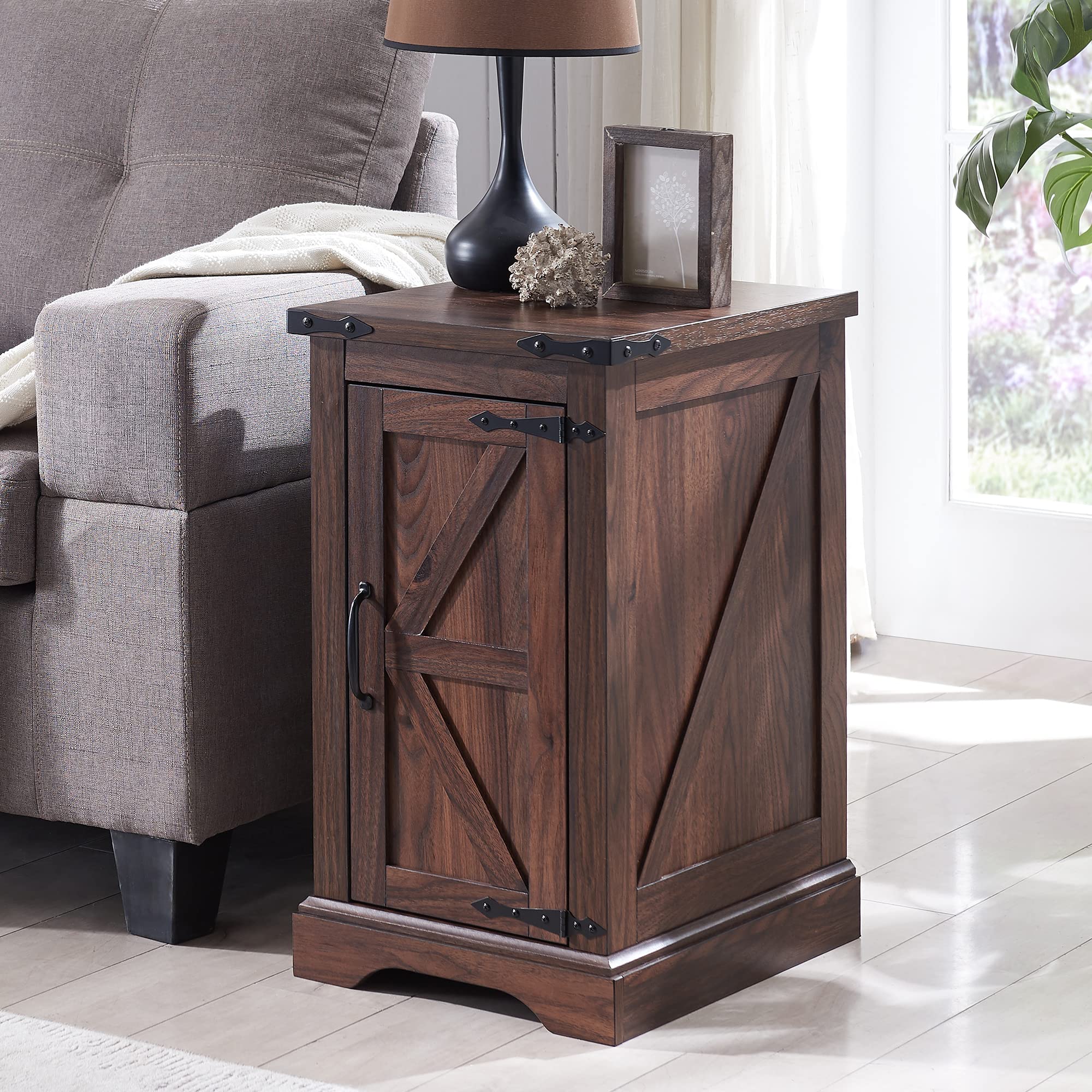 Rectangular Farmhouse End Table with Barn Door and Adjustable Storage Shelf