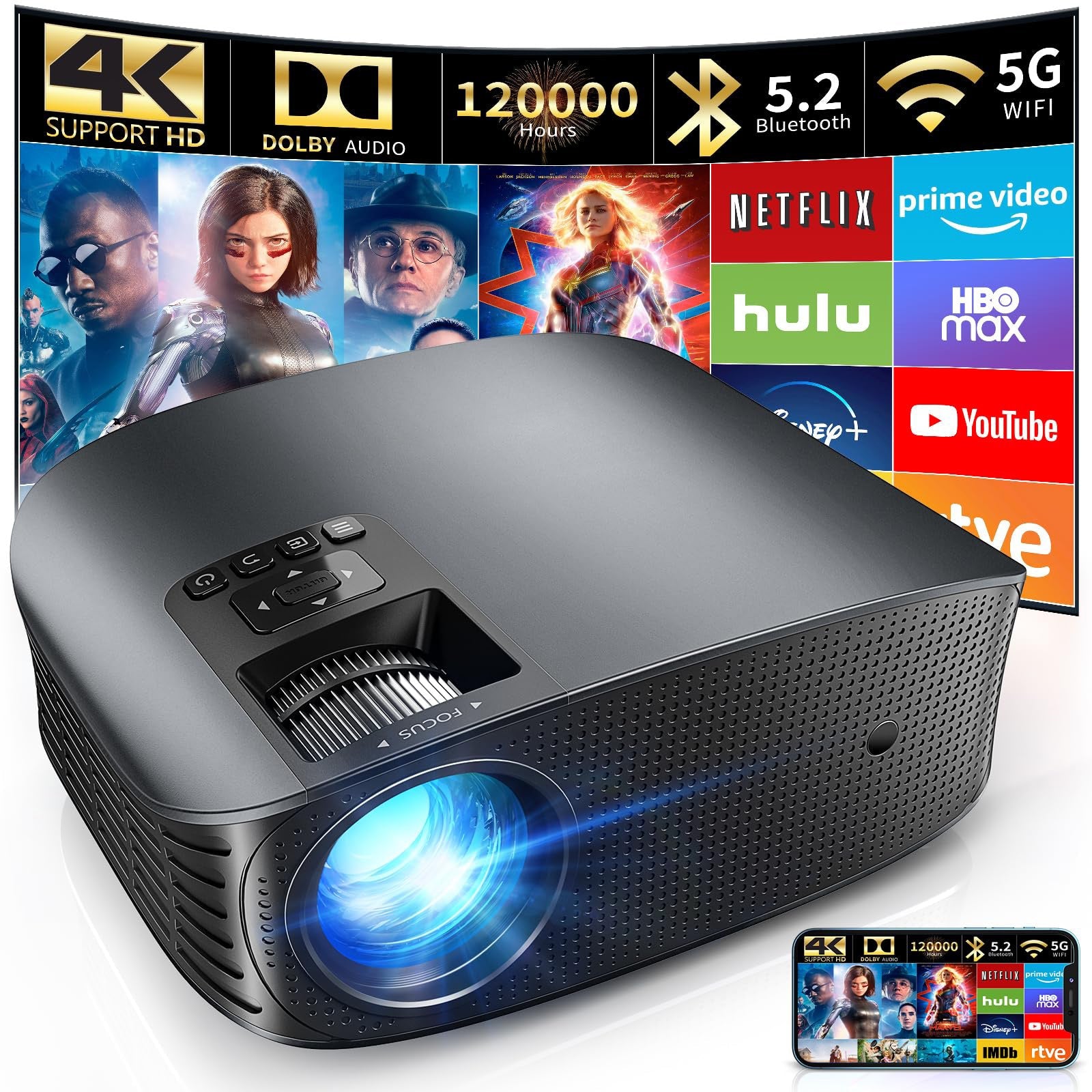 4K With WiFi And Bluetooth Supported, FHD 1080P Mini Projector