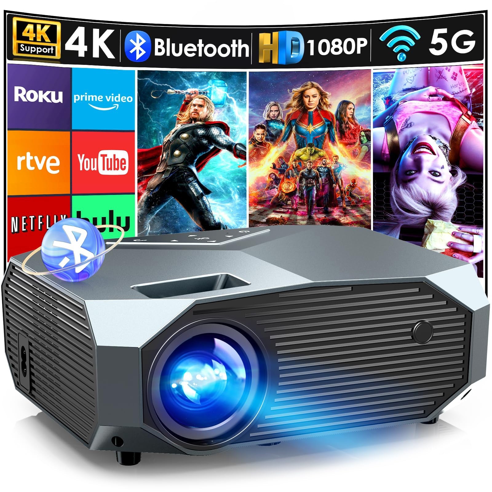 Projector with 5G WiFi and Bluetooth, Native 1080P Outdoor Portable Video