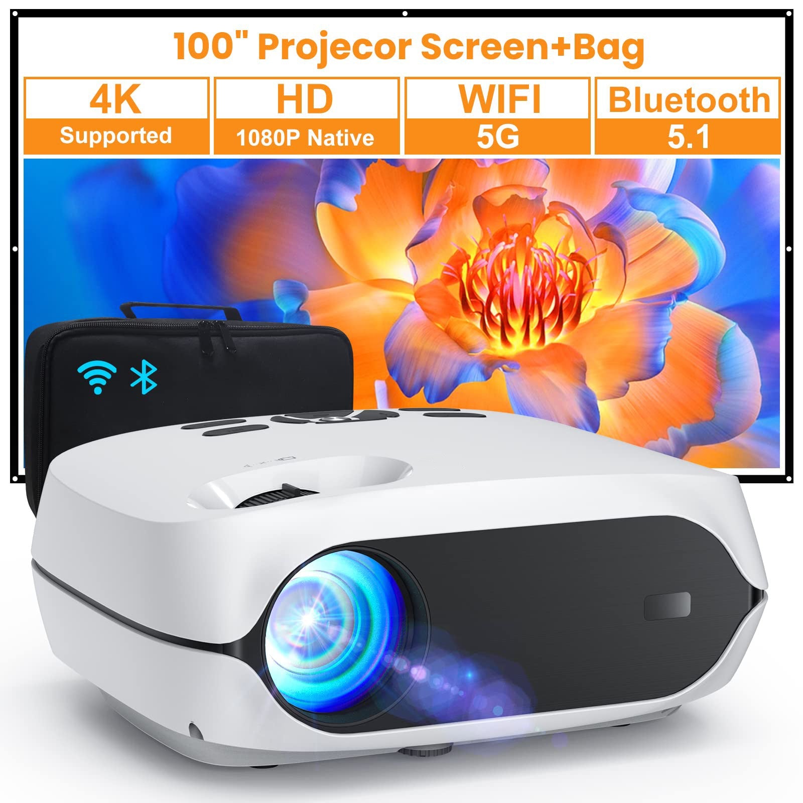 5G WiFi Bluetooth Projector, Native 1080P Portable Projector with Screen and Bag