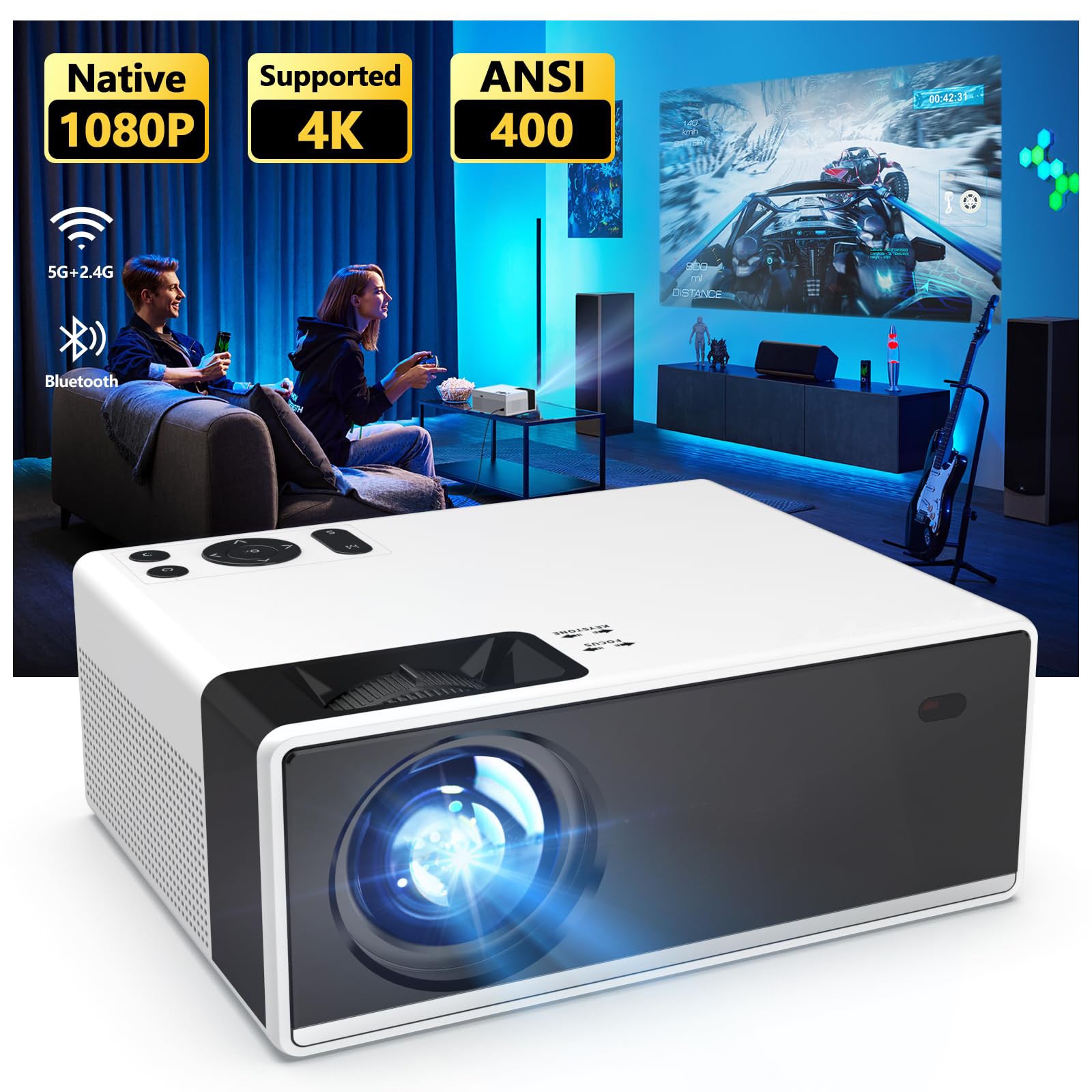 Outdoor Portable Mini Projector 15000L Full HD 1080P Max 300", WiFi and Bluetooth