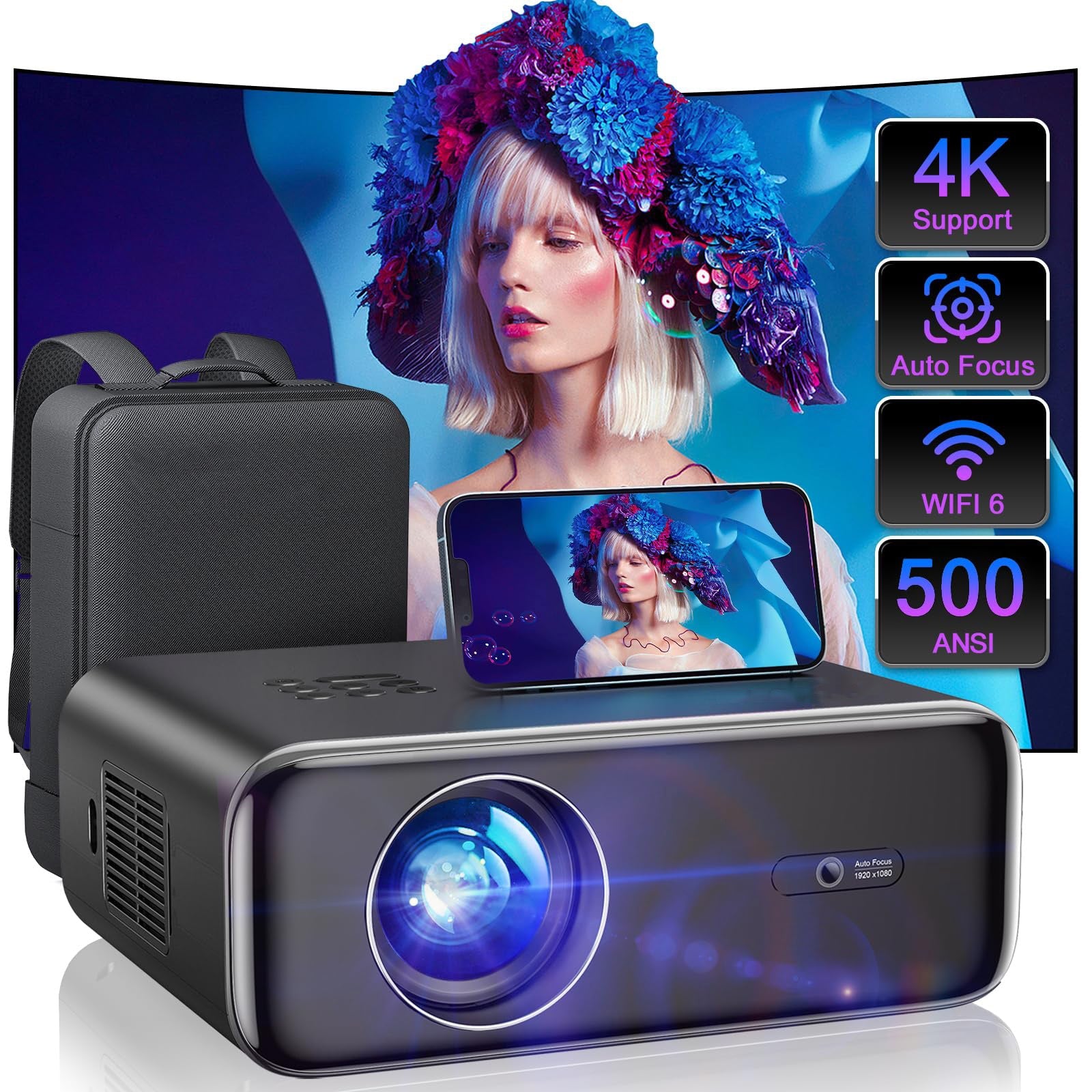 WiFi 6 and Bluetooth 5.2, 500 ANSI Projector 4K, WiMiUS P62 Native 1080P