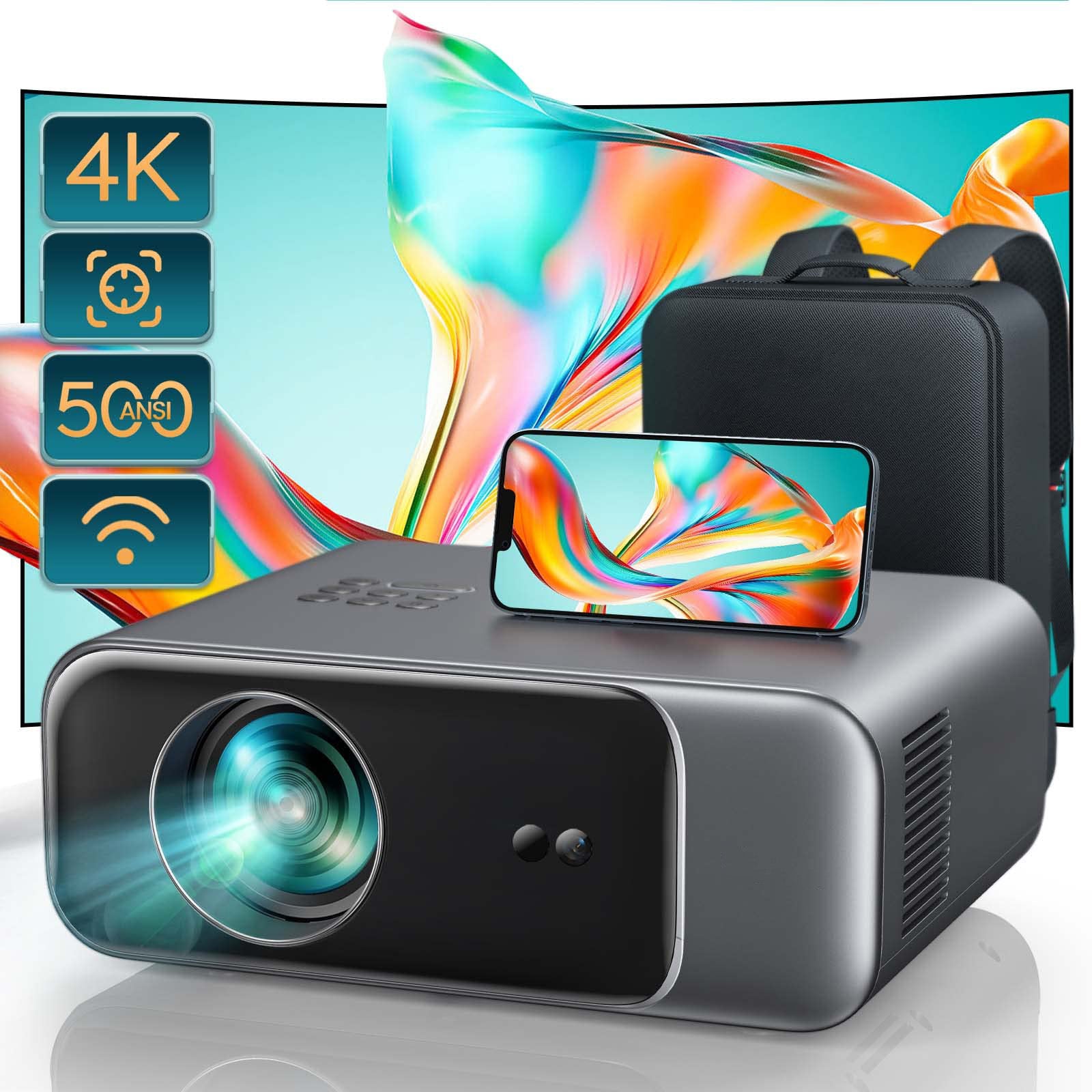 4K Projector with WiFi 6 and Bluetooth 5.2, 500 ANSI Native 1080P