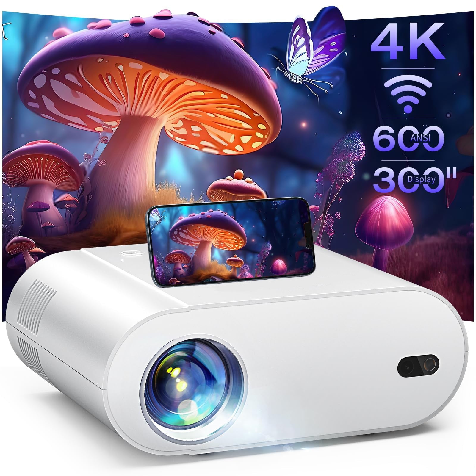 4K Projector, Projector with WiFi and Bluetooth, Mini Projector with Auto Keystone and Remote Focus