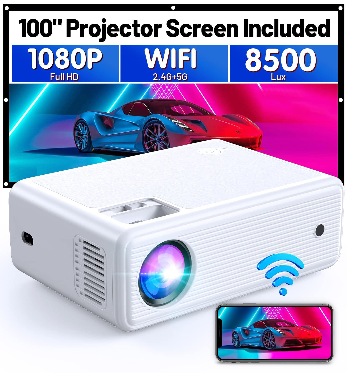 4K Mini Projector with WiFi and Bluetooth, 180° Rotation & Auto Keystone