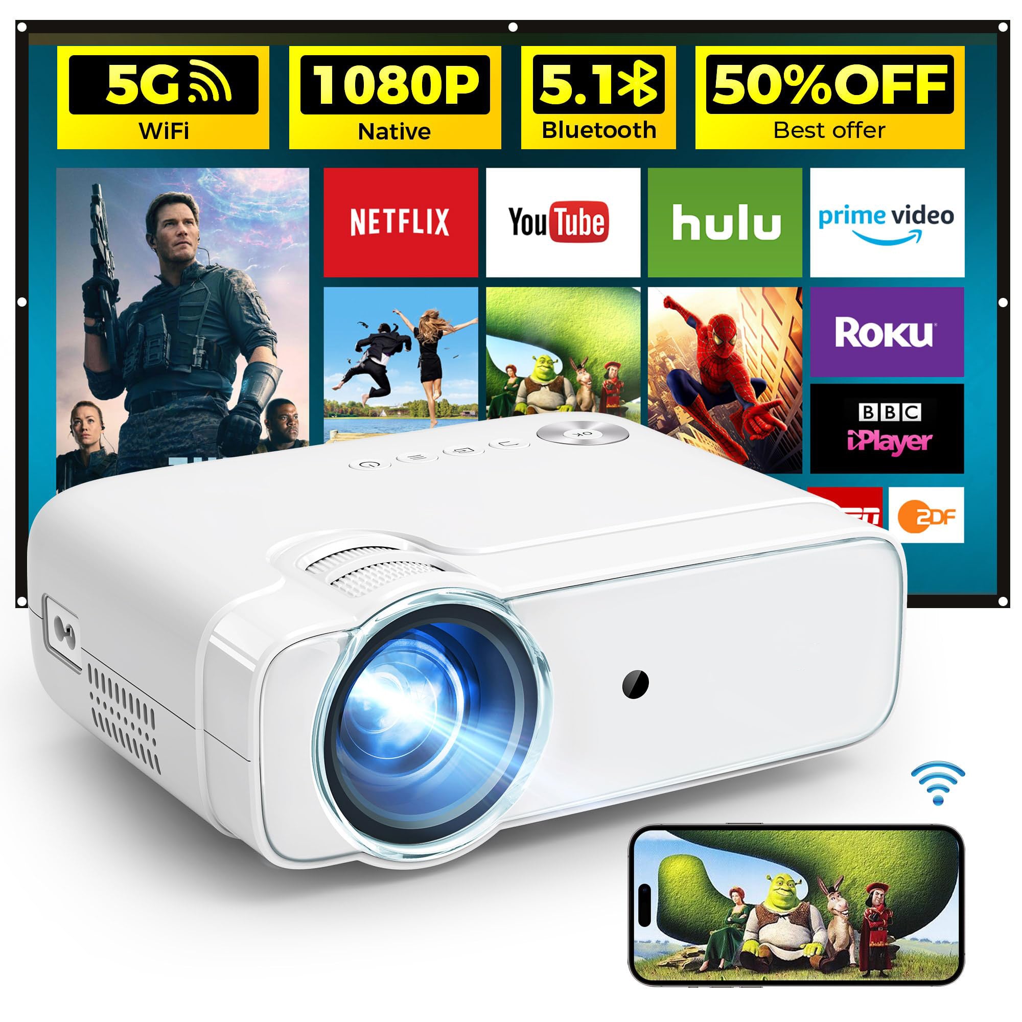 Projector with WiFi and Bluetooth, 5G WiFi 4K Supported Native 1080P 14000L