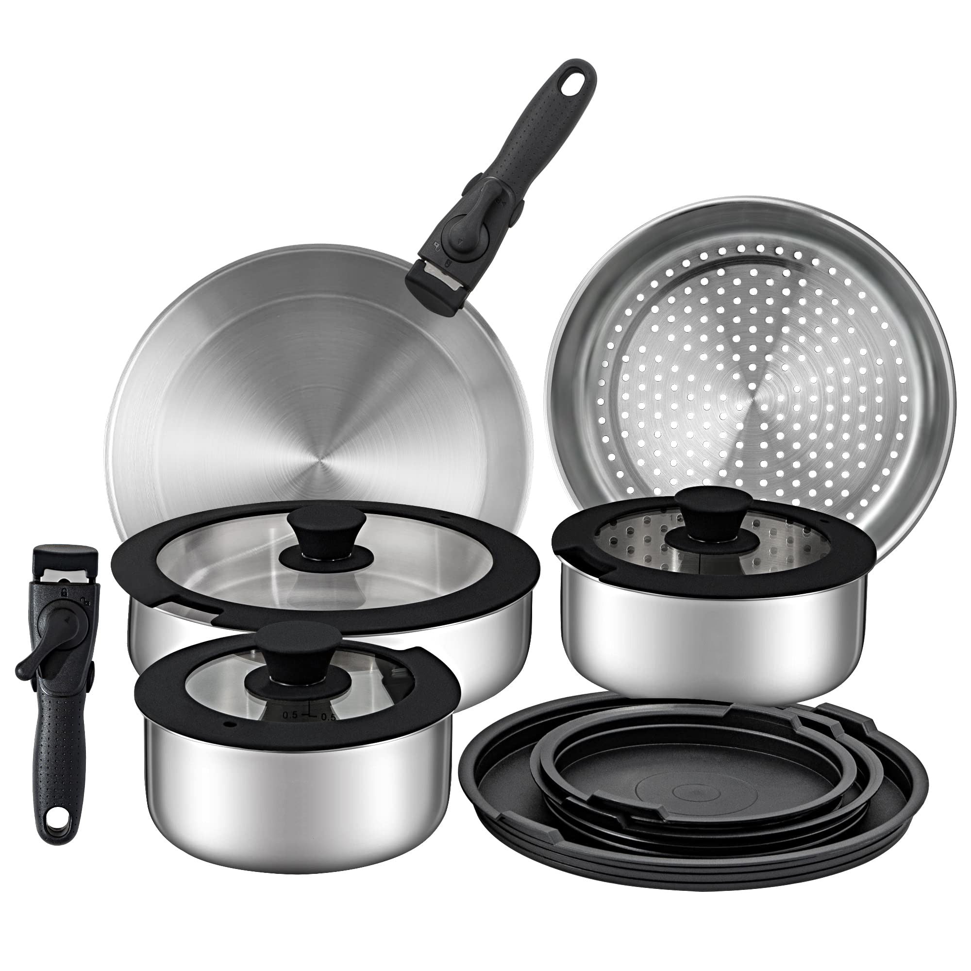 20 Piece Stainless Steel Kitchen Removable Handle Cookware Set