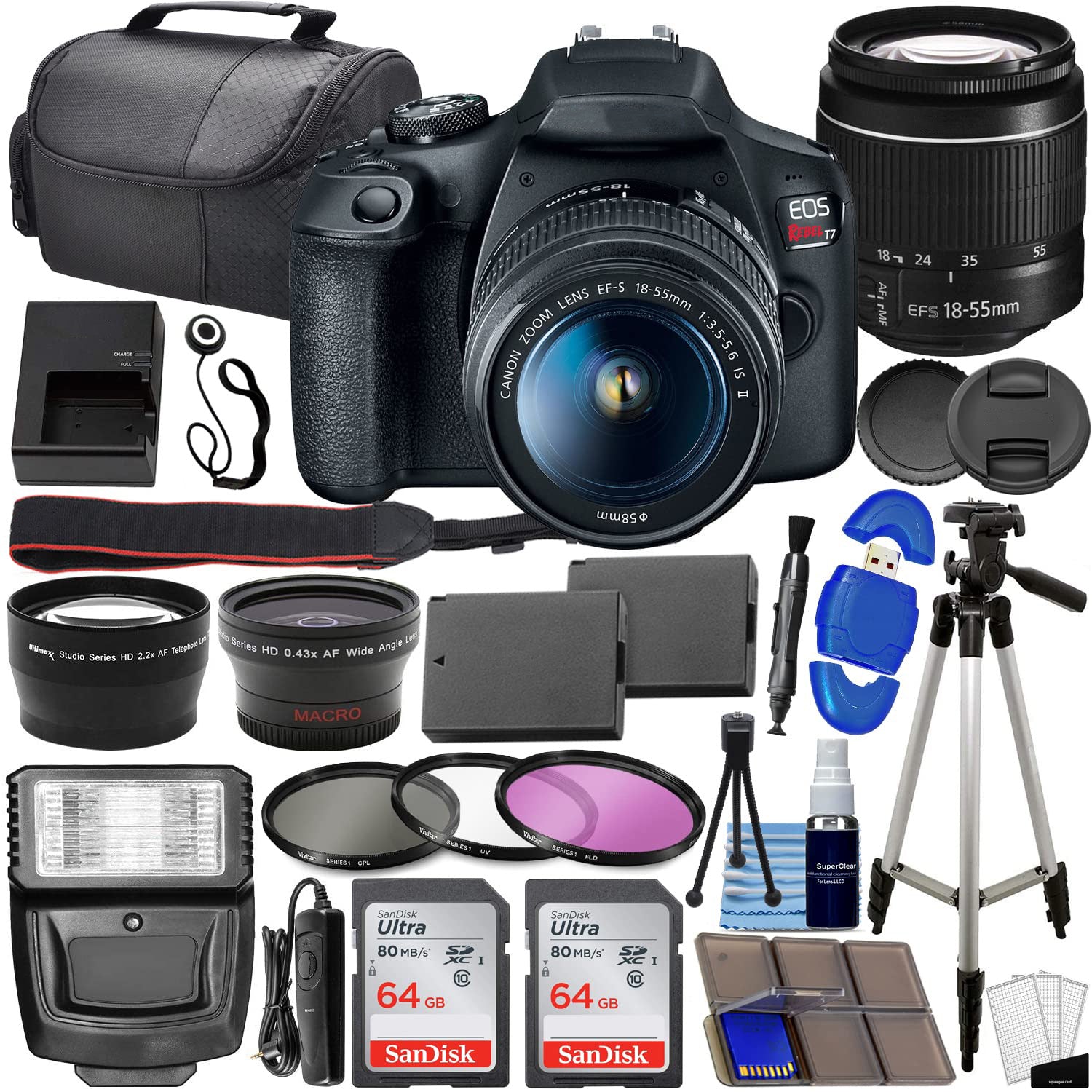 Camera Bundle w/ EF-S 18-55mm f/3.5-5.6 is II Lens + 2pc SanDisk 64GB Memory Cards, Wide Angle Lens, Telephoto Lens, 3pc Filter Kit + Accessory Kit