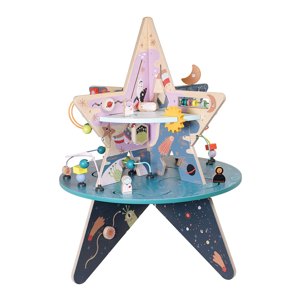 Double-Decker Celestial Star Explorer Wooden Activity Center with Shape Gliders, Spinners, Bead Runs and Alluring Artwork